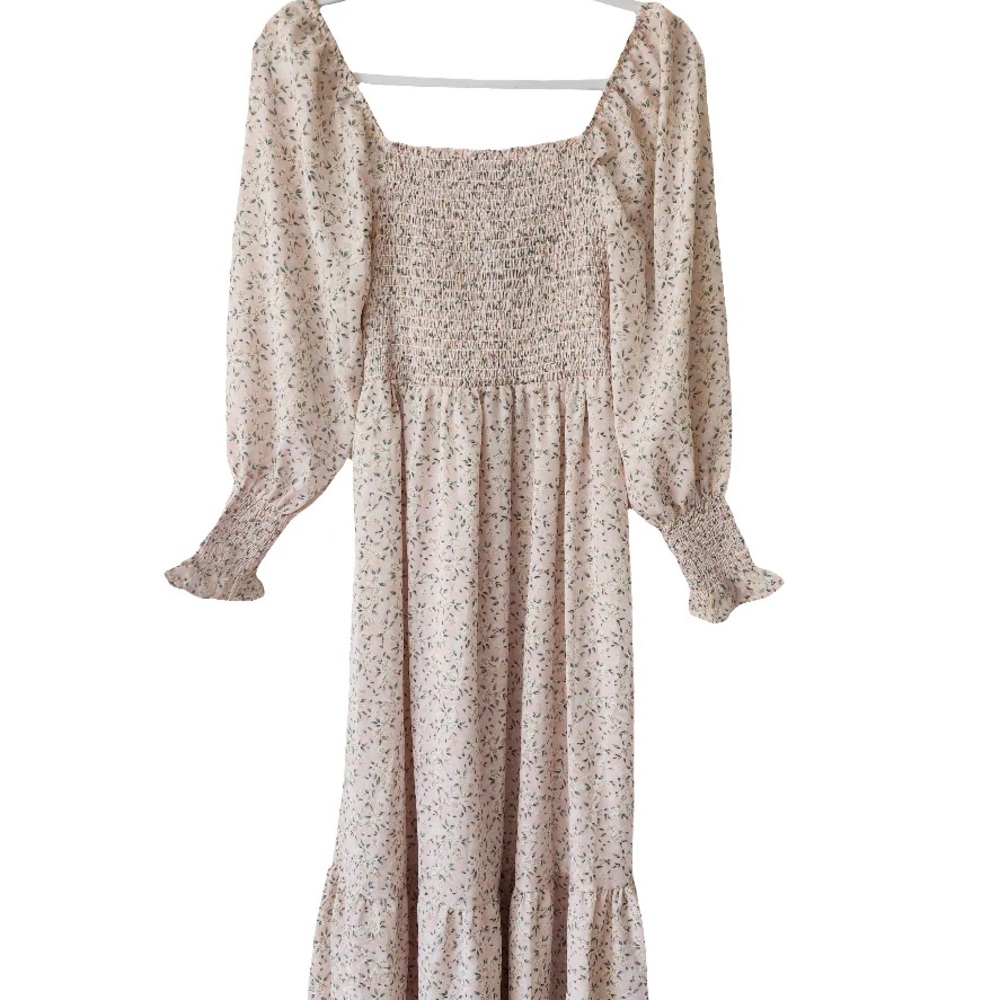 Maternity Cottage Core Floral Cream Long Sleeve Dress